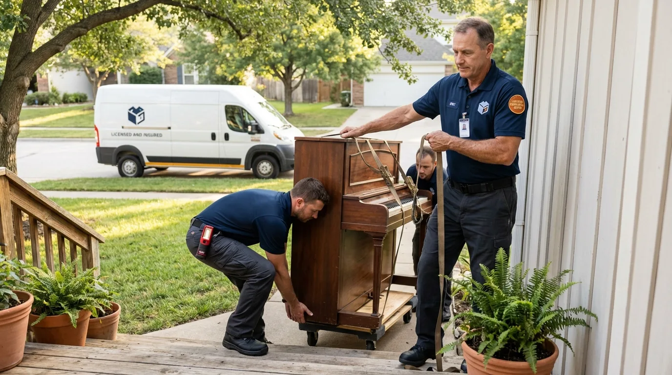 Licensed piano movers securing grand piano in Boalsburg, PA