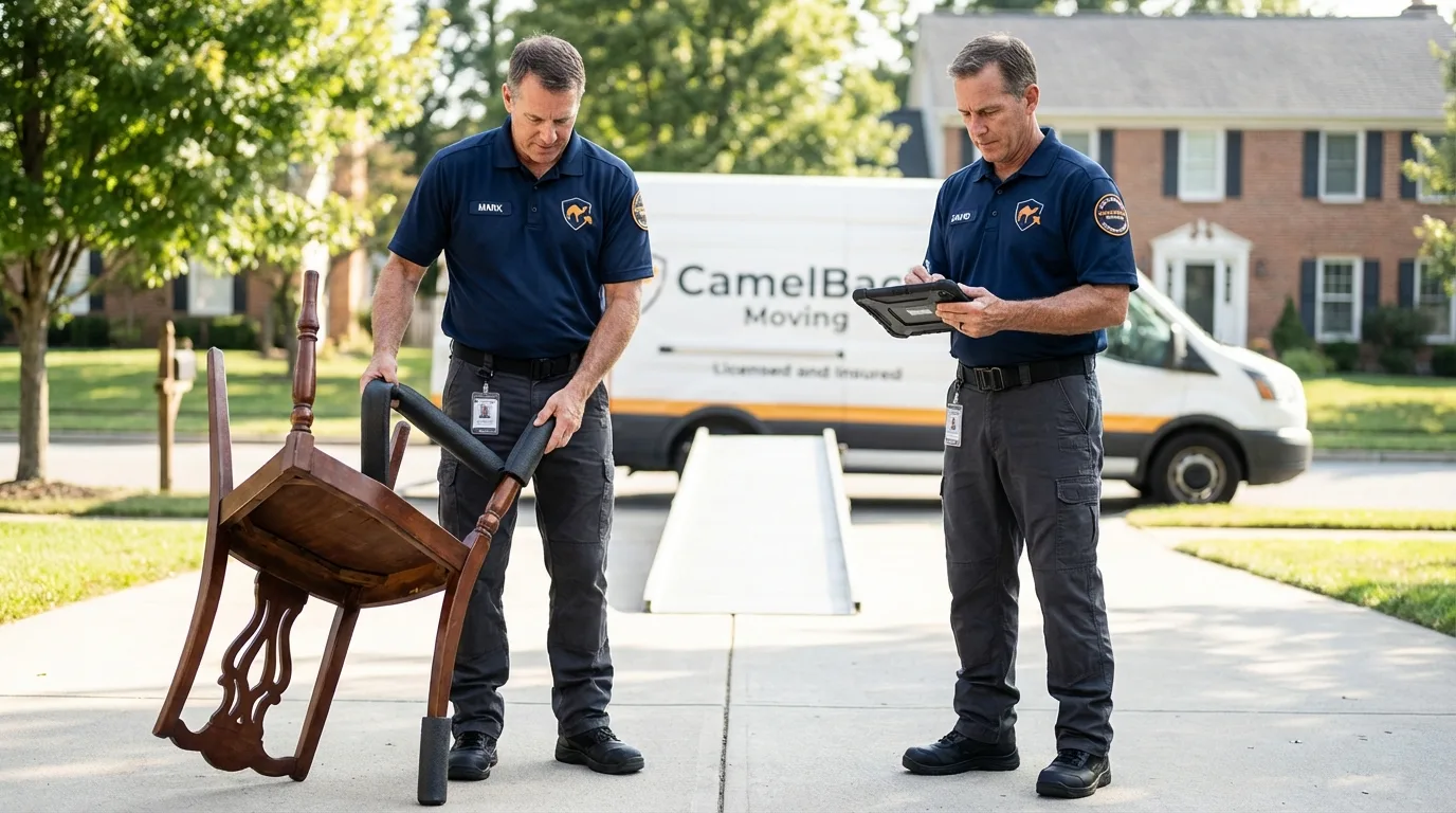 Movers inspecting furniture for damage prevention before loading in Boalsburg, PA