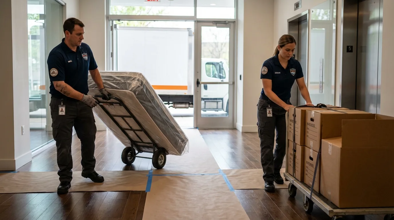 Professional apartment movers loading elevator in Boalsburg, PA