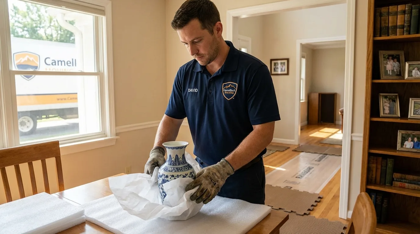 Professional crew carefully wrapping antique vase for senior downsizing move in Boalsburg, PA